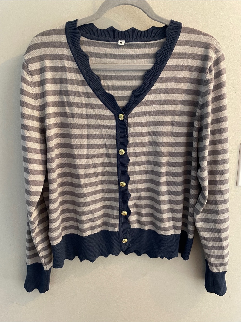 Navy and grey striped scalloped cardigan